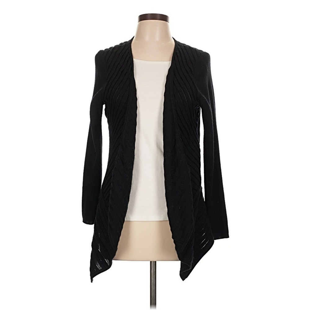 Eileen Fisher Petite Blackβ Wool Mohair Ribbed Asymmetrical Cardigan PL ROFLD-1